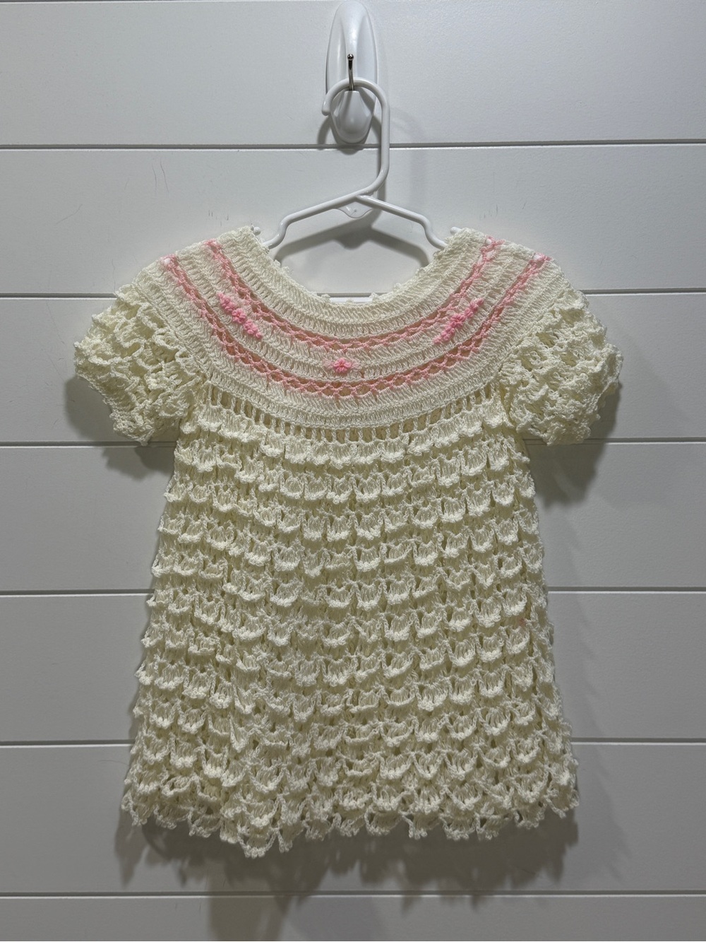 Vintage Handmade Cream Knit Baby Dress with Pink Yoke